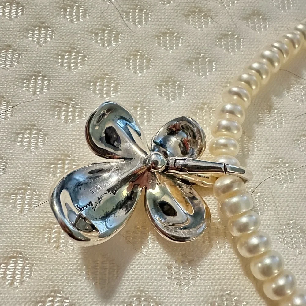 Ann King sterling silver orchid flower pendant with pearl necklace - Picture 3 of 4